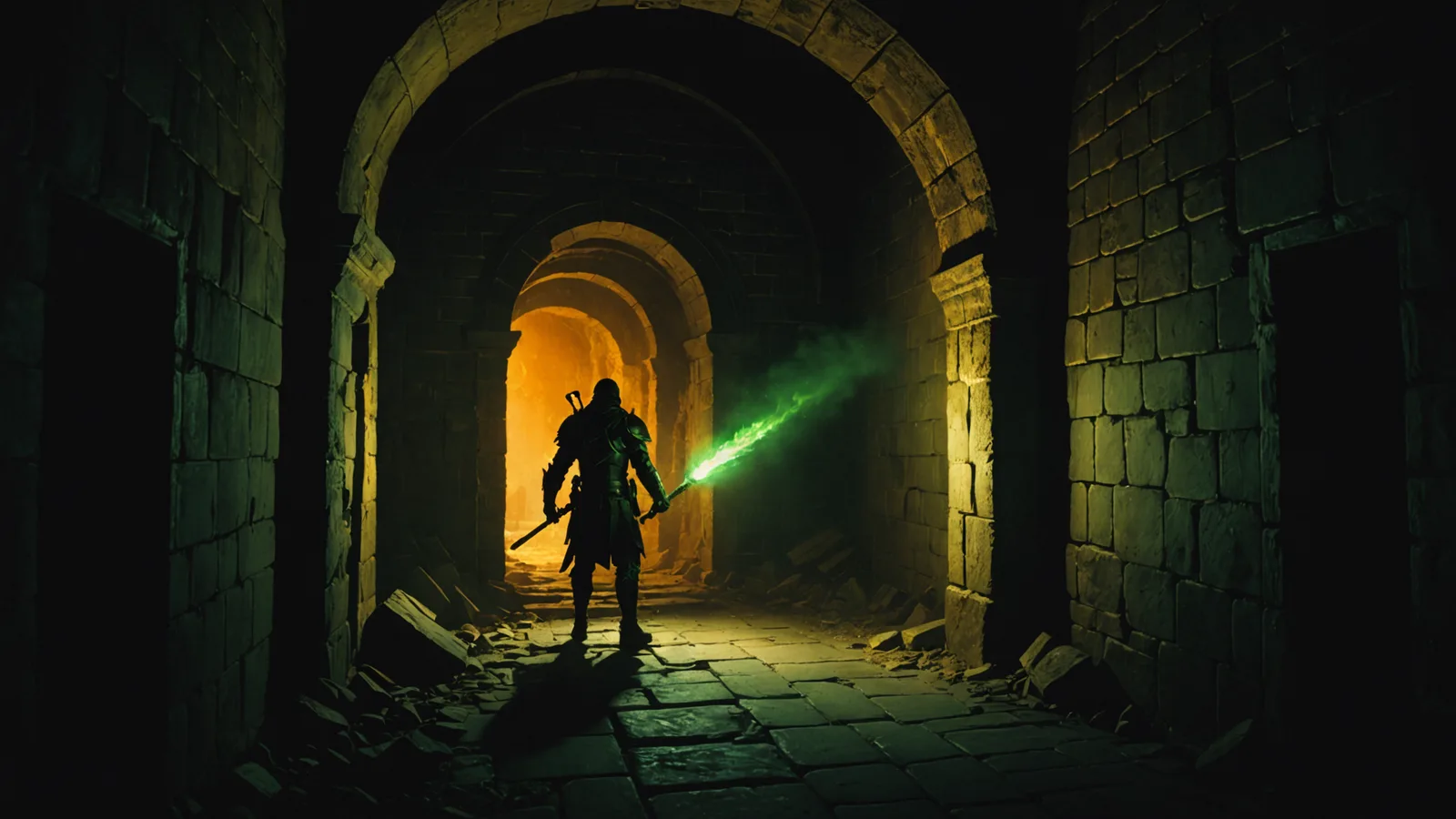 Ruinveil key art: a hero standing at the entrance of a procedurally generated dungeon, torchlight flickering on ancient stone