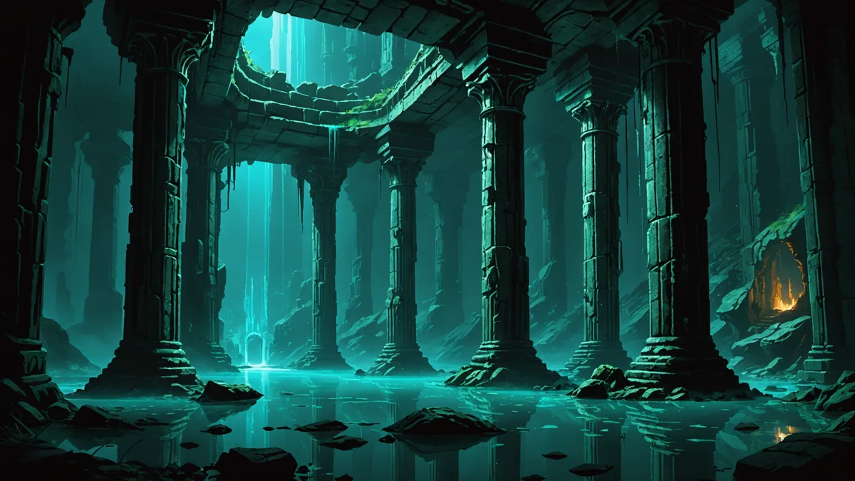 Ruinveil dungeon environment: a wide underground chamber with stone columns, bioluminescent blue-green fungi growing along the base, dark water in the center